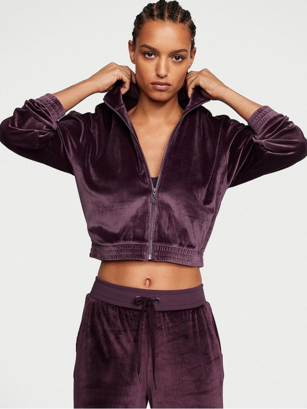 Victoria's Secret Velour Rib 2pc Track Suit Jacket/Joggers Set Winter Wine M/L